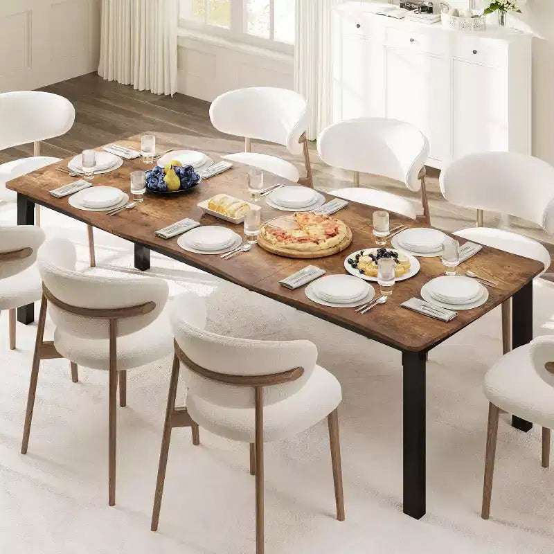 Dining Table with Wave Irregular Edge, 15mm Thick MDF Top & Metal Frame, Wooden Kitchen Table for 6-8, Retro Brown