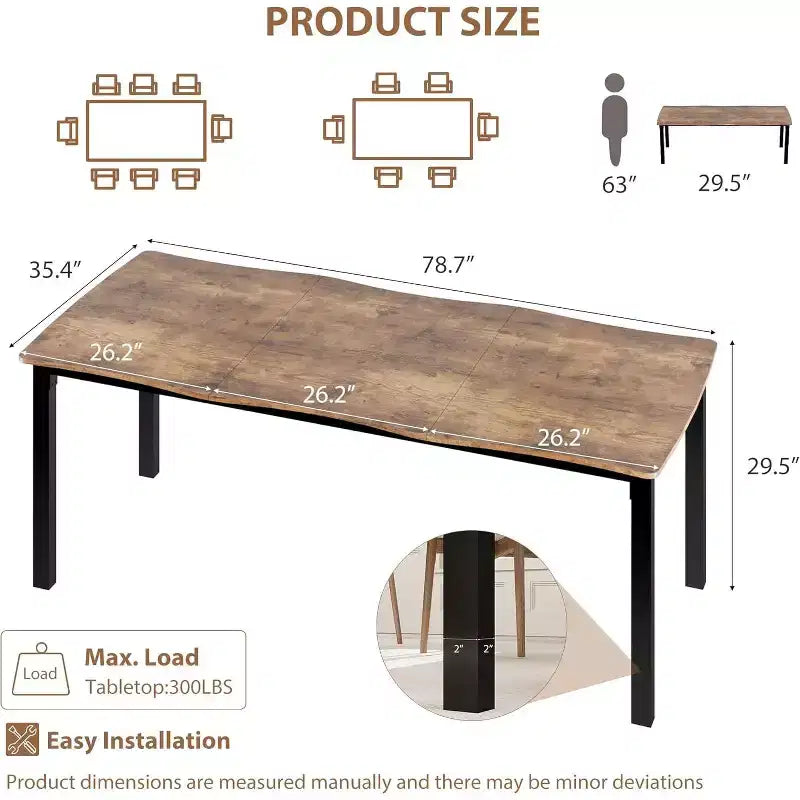 Table à manger avec bord irrégulier ondulé, plateau en MDF de 15 mm d'épaisseur et cadre en métal, table de cuisine en bois pour 6-8 personnes, marron rétro