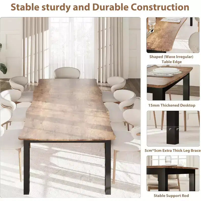 Table à manger avec bord irrégulier ondulé, plateau en MDF de 15 mm d'épaisseur et cadre en métal, table de cuisine en bois pour 6-8 personnes, marron rétro