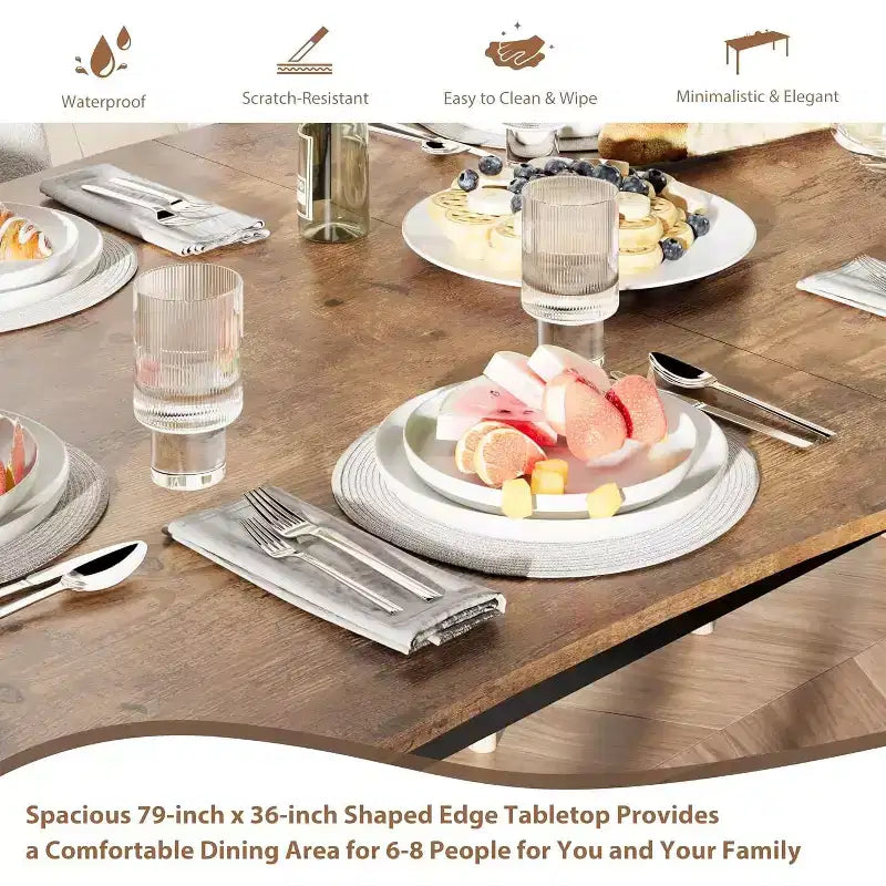 Table à manger avec bord irrégulier ondulé, plateau en MDF de 15 mm d'épaisseur et cadre en métal, table de cuisine en bois pour 6-8 personnes, marron rétro