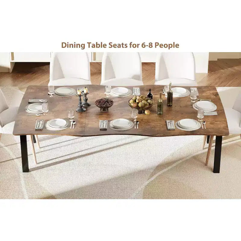 Table à manger avec bord irrégulier ondulé, plateau en MDF de 15 mm d'épaisseur et cadre en métal, table de cuisine en bois pour 6-8 personnes, marron rétro