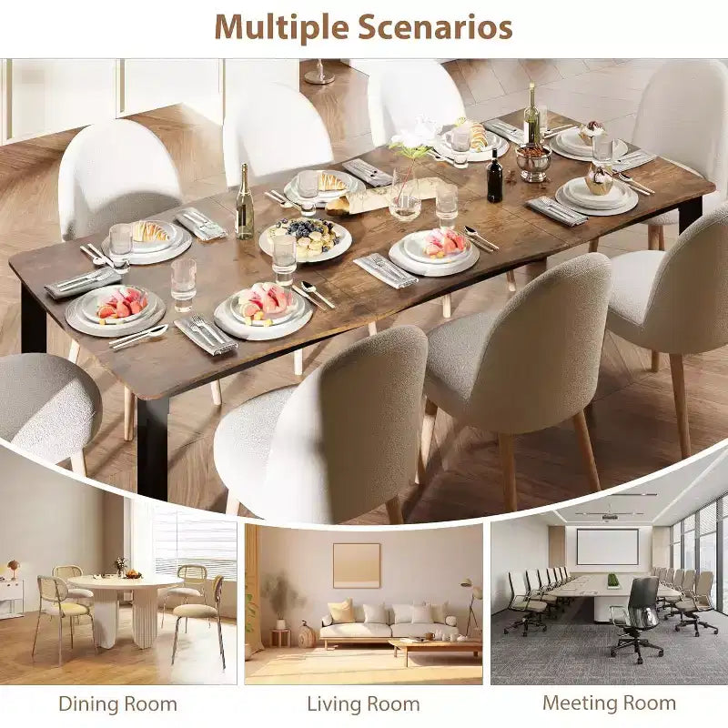 Table à manger avec bord irrégulier ondulé, plateau en MDF de 15 mm d'épaisseur et cadre en métal, table de cuisine en bois pour 6-8 personnes, marron rétro