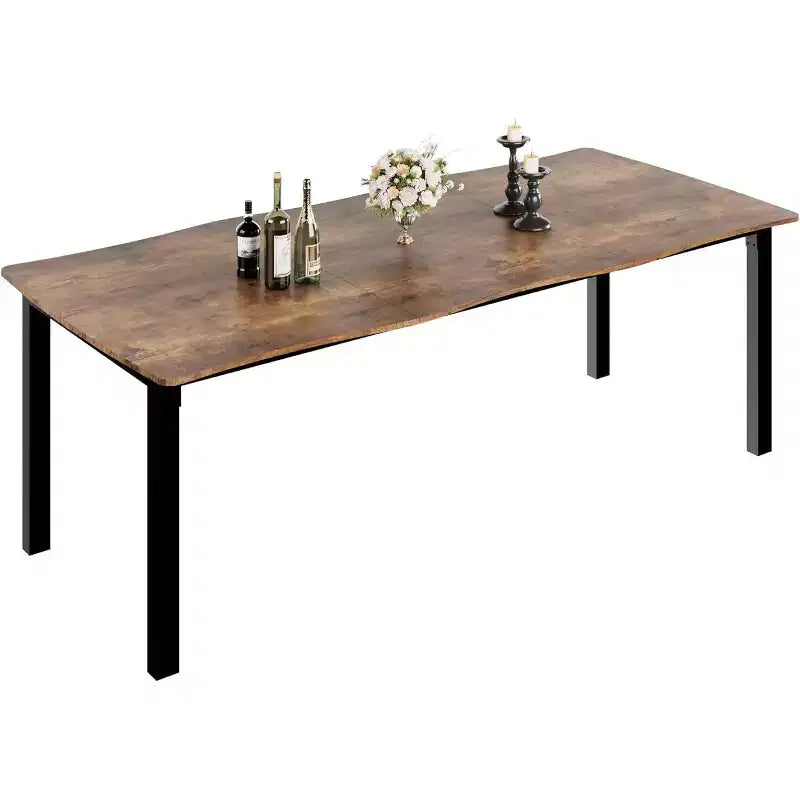 Table à manger avec bord irrégulier ondulé, plateau en MDF de 15 mm d'épaisseur et cadre en métal, table de cuisine en bois pour 6-8 personnes, marron rétro