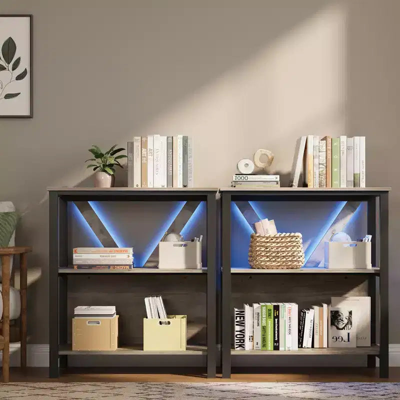 Étagère à 3 niveaux avec lumières - Bibliothèque ouverte en bois et métal, étagère de rangement sur pied pour salon, chambre, bureau à domicile