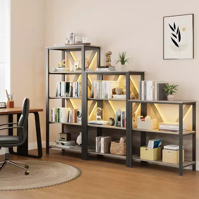 Étagère à 3 niveaux avec lumières - Bibliothèque ouverte en bois et métal, étagère de rangement sur pied pour salon, chambre, bureau à domicile