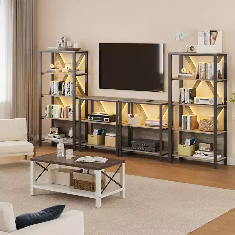 Étagère à 3 niveaux avec lumières - Bibliothèque ouverte en bois et métal, étagère de rangement sur pied pour salon, chambre, bureau à domicile