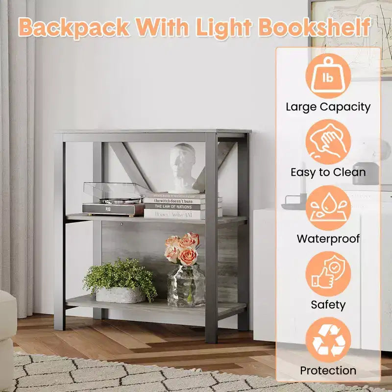 Étagère à 3 niveaux avec lumières - Bibliothèque ouverte en bois et métal, étagère de rangement sur pied pour salon, chambre, bureau à domicile