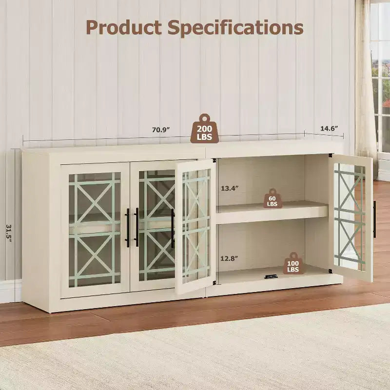GustoWave Buffet de cuisine d'appoint moderne, Meuble de rangement en bois avec 4 portes vitrées