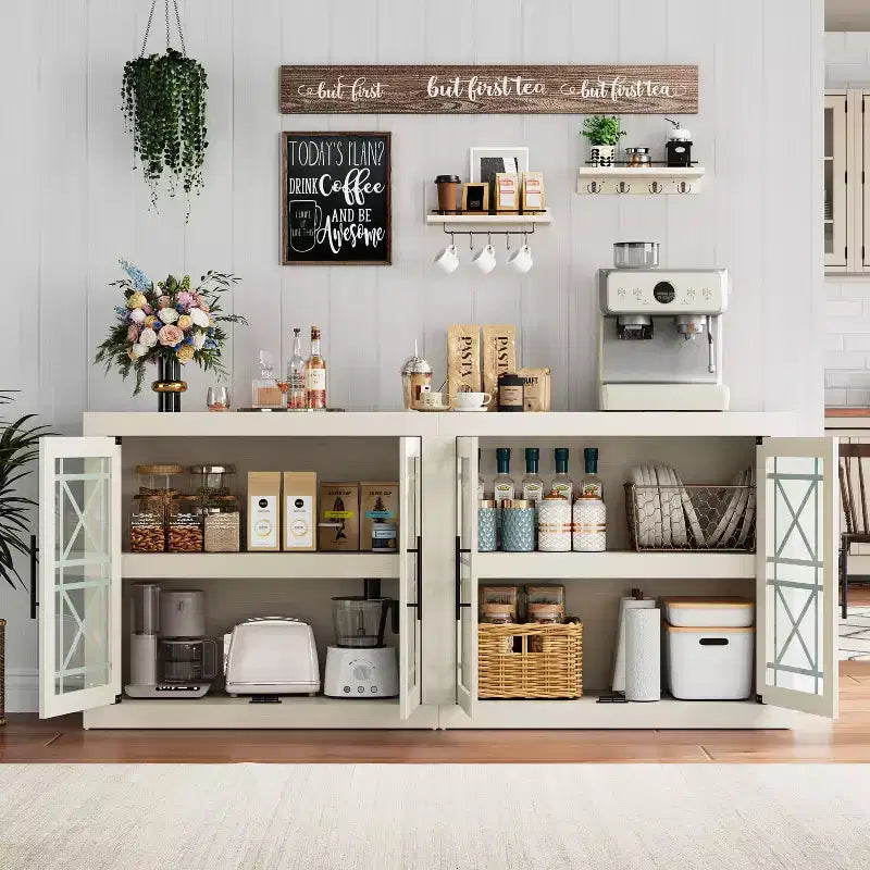 GustoWave Buffet de cuisine d'appoint moderne, Meuble de rangement en bois avec 4 portes vitrées