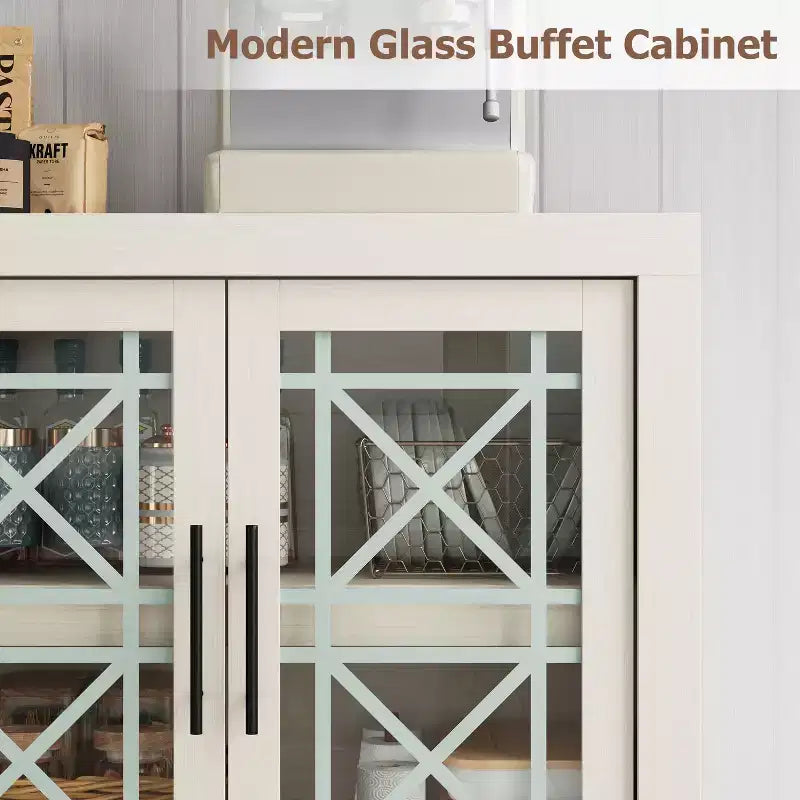 GustoWave Buffet de cuisine d'appoint moderne, Meuble de rangement en bois avec 4 portes vitrées