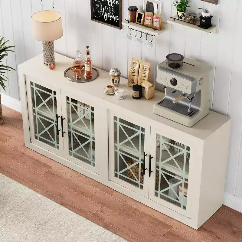 GustoWave Buffet de cuisine d'appoint moderne, Meuble de rangement en bois avec 4 portes vitrées