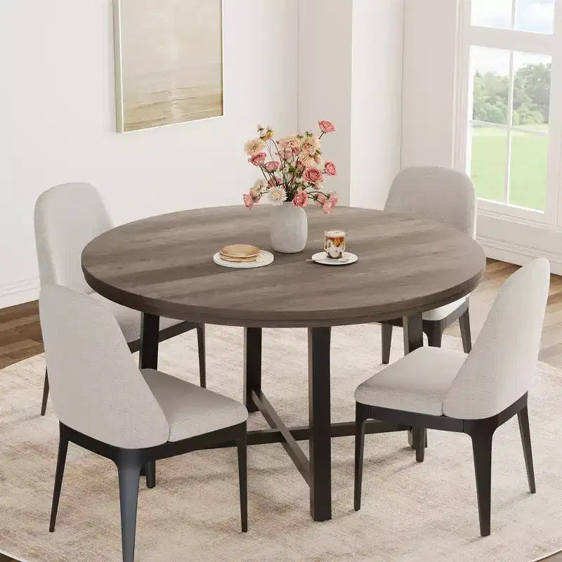 Round dining table, modern industrial-style kitchen table, sturdy metal base