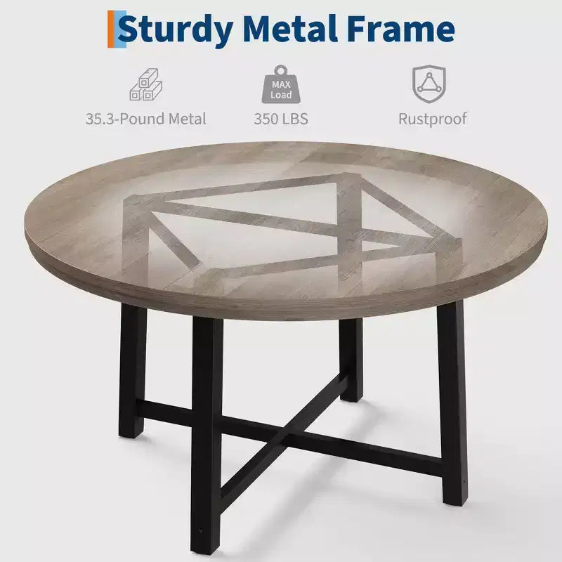 Table à manger ronde, table de cuisine de style industriel moderne, piètement en métal robuste