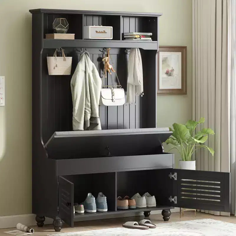 Meuble d'entrée 5-en-1 Okak avec portes persiennes, porte-manteau autoportant avec coussin et 4 patères robustes, meuble d'entrée large pour couloir, noir