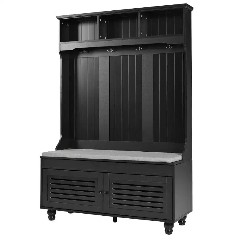 Meuble d'entrée 5-en-1 Okak avec portes persiennes, porte-manteau autoportant avec coussin et 4 patères robustes, meuble d'entrée large pour couloir, noir