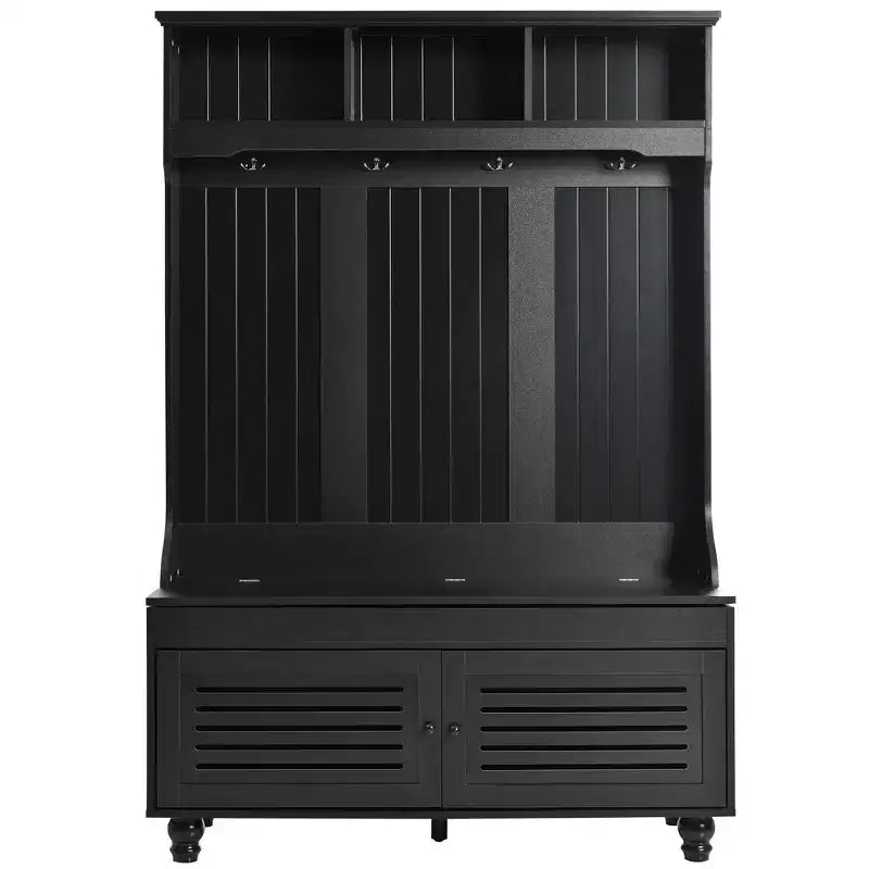 Meuble d'entrée 5-en-1 Okak avec portes persiennes, porte-manteau autoportant avec coussin et 4 patères robustes, meuble d'entrée large pour couloir, noir