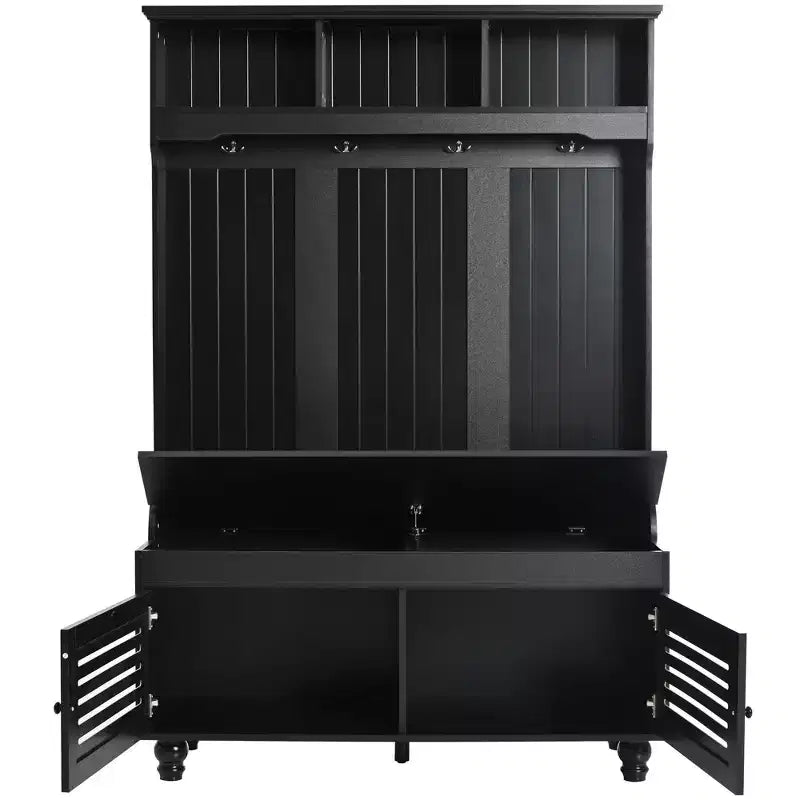 Meuble d'entrée 5-en-1 Okak avec portes persiennes, porte-manteau autoportant avec coussin et 4 patères robustes, meuble d'entrée large pour couloir, noir