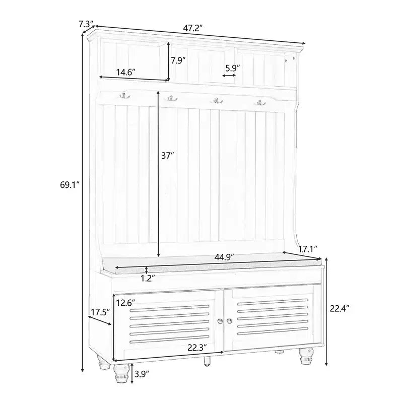 Meuble d'entrée 5-en-1 Okak avec portes persiennes, porte-manteau autoportant avec coussin et 4 patères robustes, meuble d'entrée large pour couloir, noir