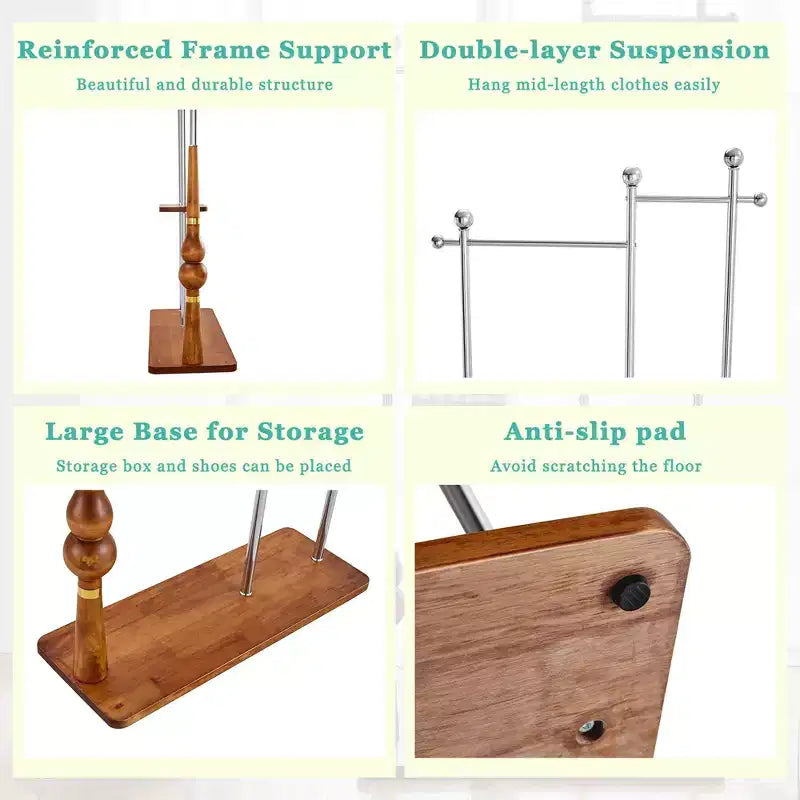 Porte-manteau Okak avec étagères en bois et cadre en acier inoxydable, porte-manteau industriel au design élégant, pour salon, chambre, argent