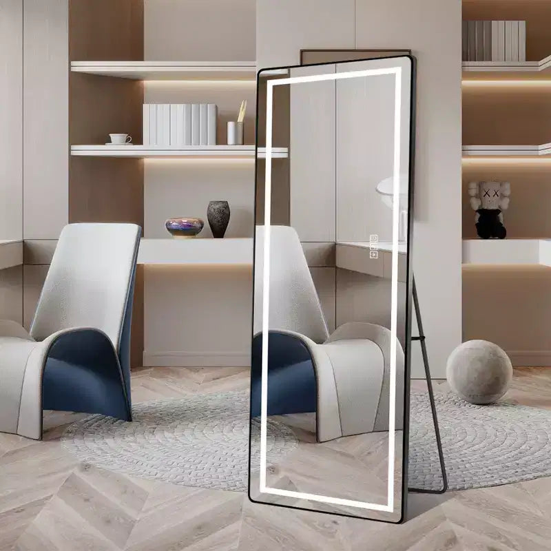 Miroir pleine longueur de 64 x 21 pouces en alliage d'aluminium noir à cadre fin avec lumière LED, miroir de sol éclairé avec support pour chambre à coucher