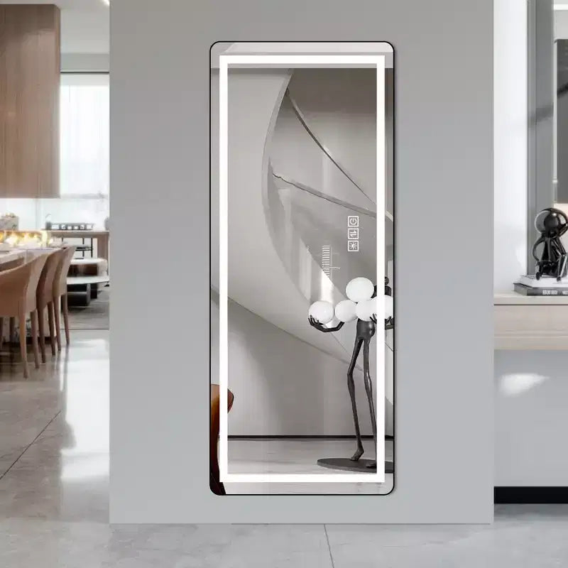 Miroir pleine longueur de 64 x 21 pouces en alliage d'aluminium noir à cadre fin avec lumière LED, miroir de sol éclairé avec support pour chambre à coucher