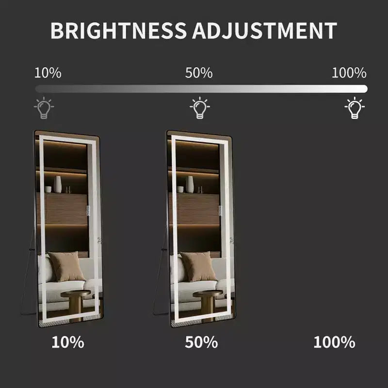 Miroir pleine longueur de 64 x 21 pouces en alliage d'aluminium noir à cadre fin avec lumière LED, miroir de sol éclairé avec support pour chambre à coucher