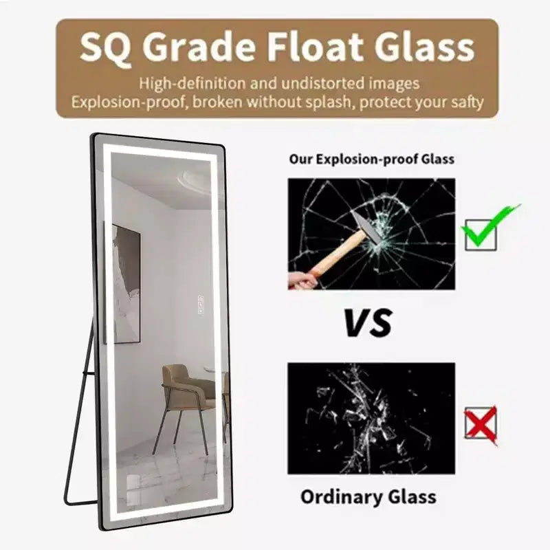 Miroir pleine longueur de 64 x 21 pouces en alliage d'aluminium noir à cadre fin avec lumière LED, miroir de sol éclairé avec support pour chambre à coucher