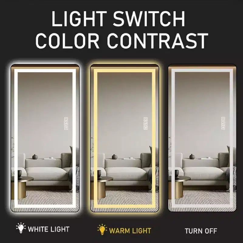 Miroir pleine longueur de 64 x 21 pouces en alliage d'aluminium noir à cadre fin avec lumière LED, miroir de sol éclairé avec support pour chambre à coucher