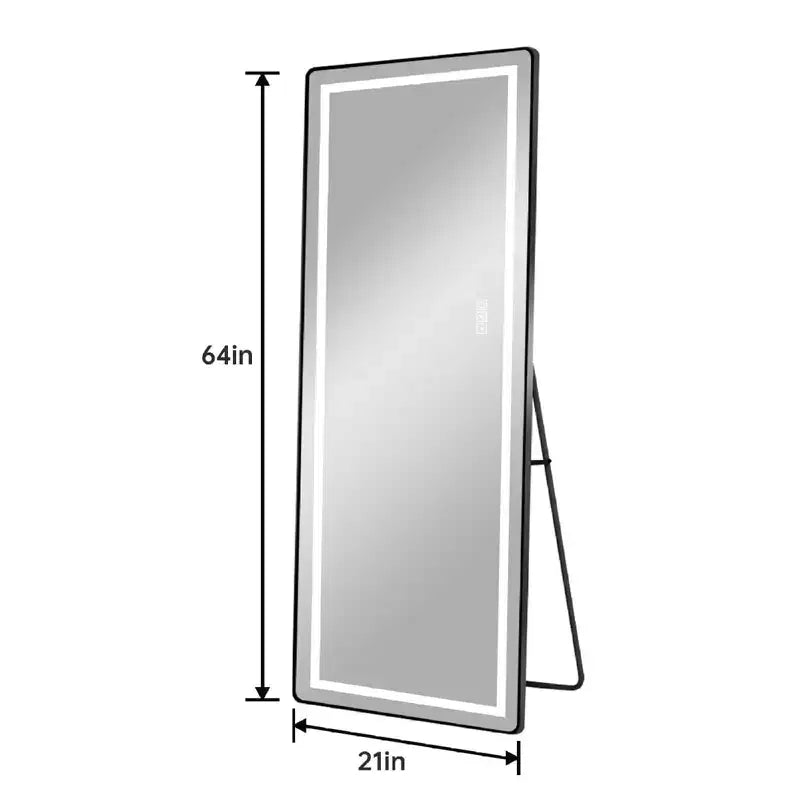 Miroir pleine longueur de 64 x 21 pouces en alliage d'aluminium noir à cadre fin avec lumière LED, miroir de sol éclairé avec support pour chambre à coucher
