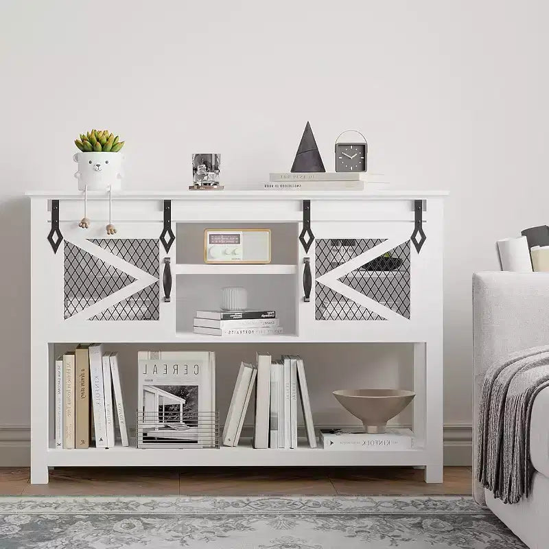 COZONY Farmhouse Entryway Table with Sliding Barn Doors, Industrial Console Table with Storage