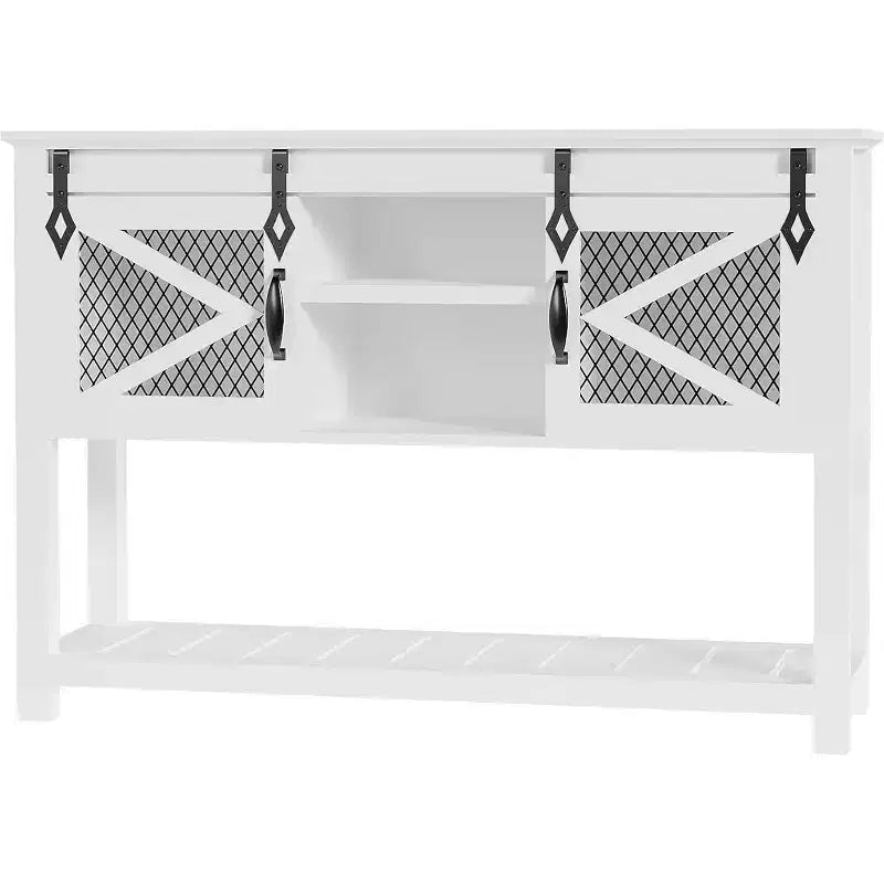 Console de salon COZONY de style ferme avec portes coulissantes, Table console industrielle avec rangement