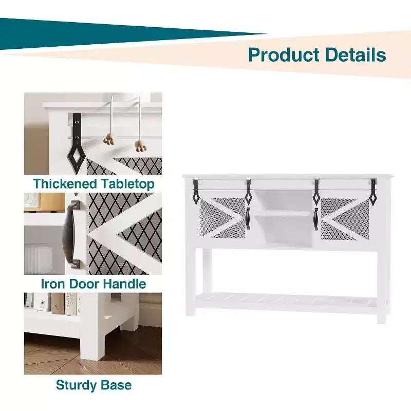 Console de salon COZONY de style ferme avec portes coulissantes, Table console industrielle avec rangement