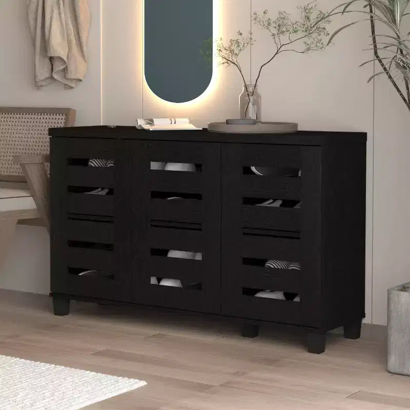 Galano Meuble à Chaussures 3 Portes 16 Paires avec Étagères Réglables Chêne Noir 45.3 L 13 P 28 H