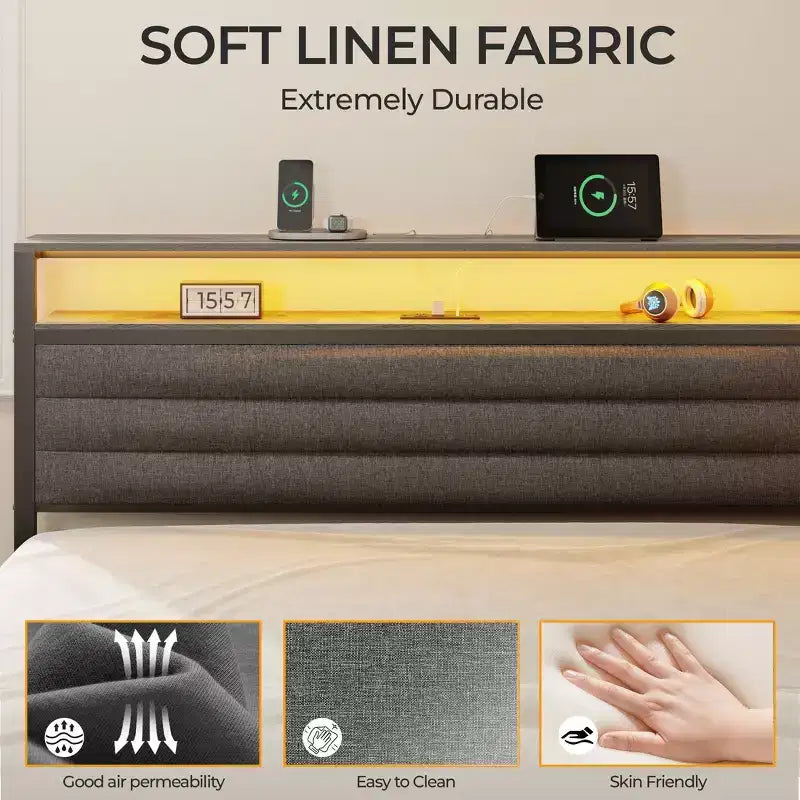 Cadre de lit d'angle grand format avec lumières LED et étagère de rangement intégrée, station de charge, canapé-lit capitonné avec 3 tiroirs, pas besoin de sommier, gris