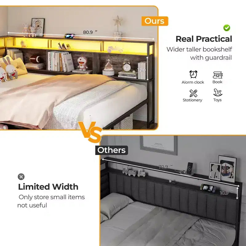 Cadre de lit d'angle grand format avec lumières LED et étagère de rangement intégrée, station de charge, canapé-lit capitonné avec 3 tiroirs, pas besoin de sommier, gris