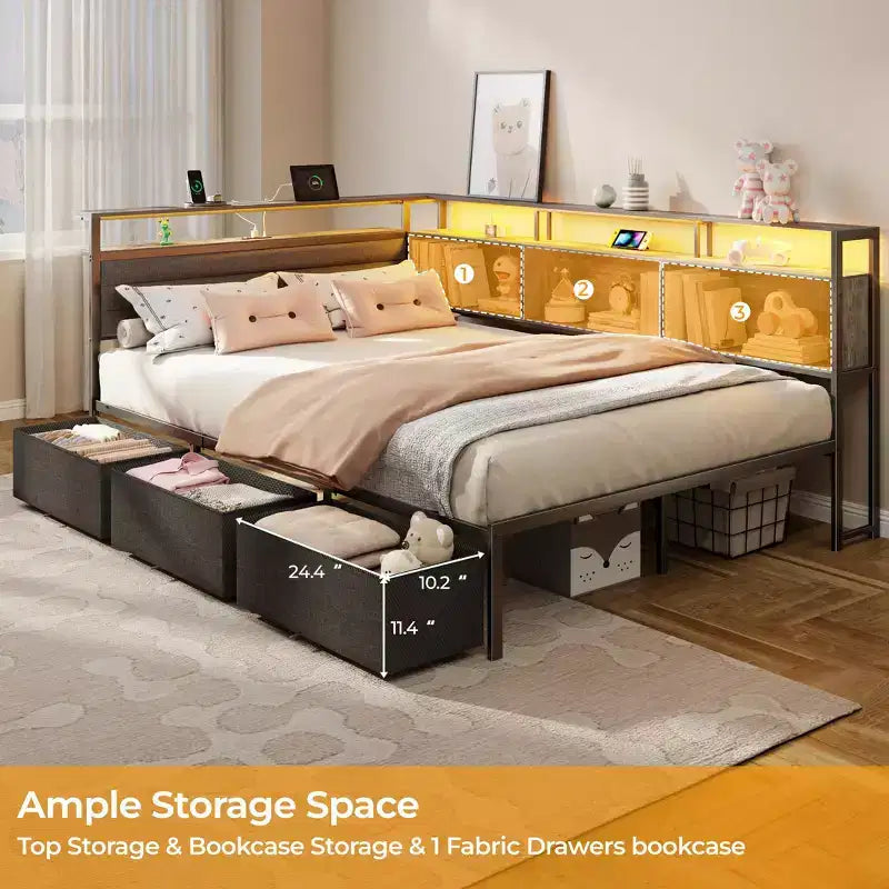 Cadre de lit d'angle grand format avec lumières LED et étagère de rangement intégrée, station de charge, canapé-lit capitonné avec 3 tiroirs, pas besoin de sommier, gris
