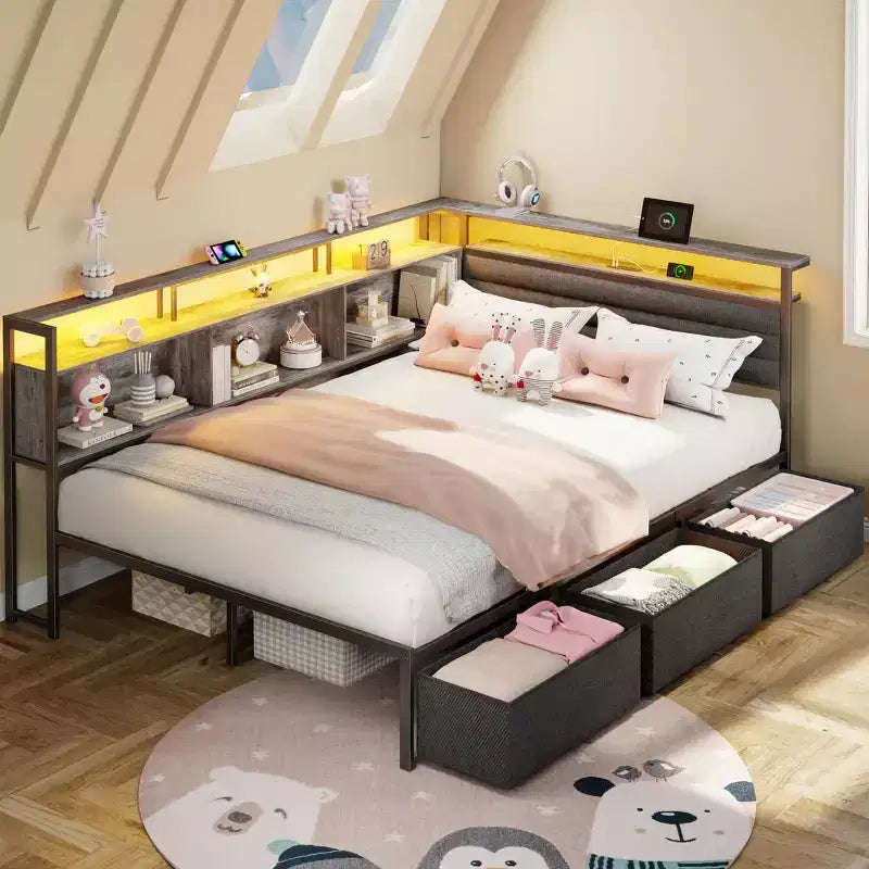 Cadre de lit d'angle grand format avec lumières LED et étagère de rangement intégrée, station de charge, canapé-lit capitonné avec 3 tiroirs, pas besoin de sommier, gris