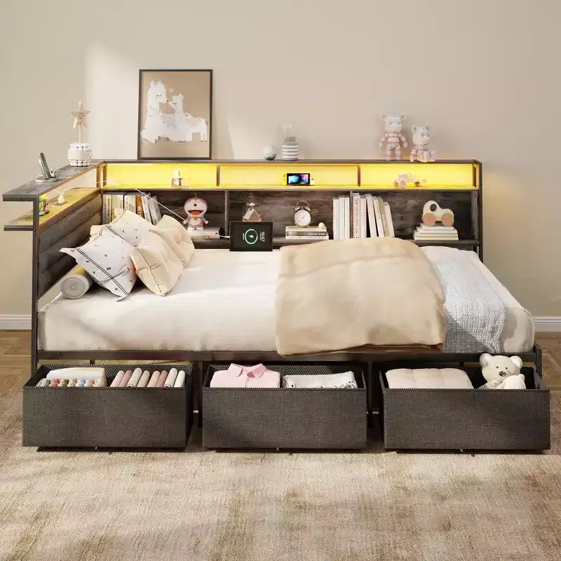 Cadre de lit d'angle grand format avec lumières LED et étagère de rangement intégrée, station de charge, canapé-lit capitonné avec 3 tiroirs, pas besoin de sommier, gris