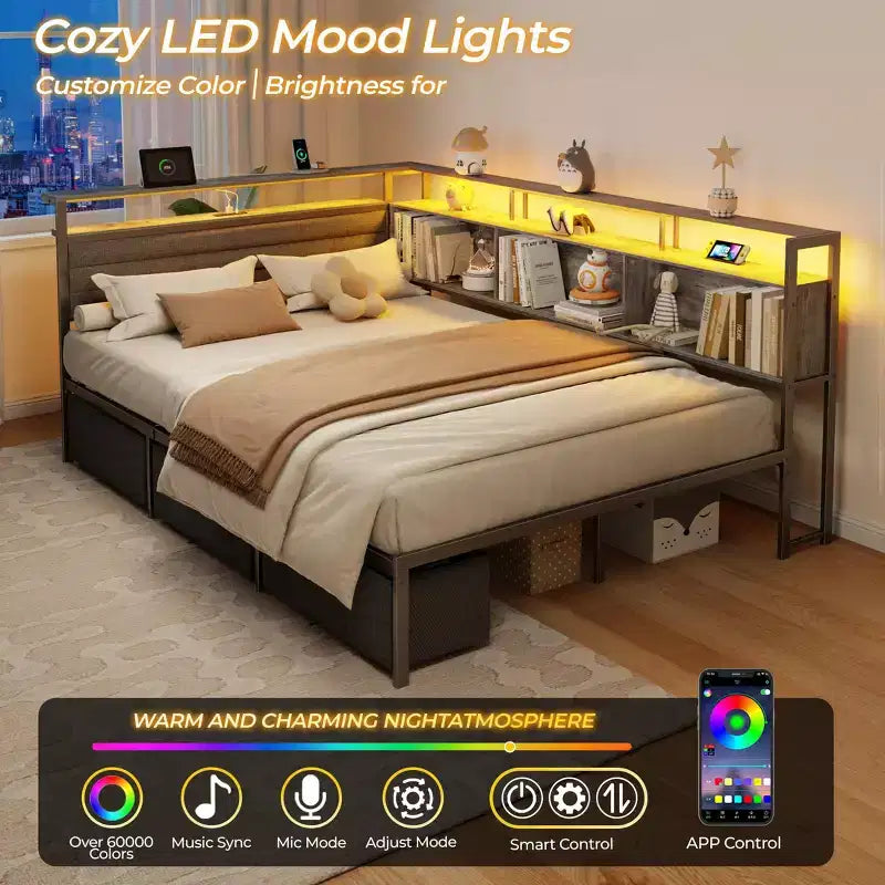Cadre de lit d'angle grand format avec lumières LED et étagère de rangement intégrée, station de charge, canapé-lit capitonné avec 3 tiroirs, pas besoin de sommier, gris