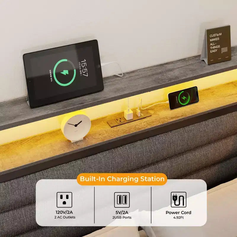Cadre de lit d'angle grand format avec lumières LED et étagère de rangement intégrée, station de charge, canapé-lit capitonné avec 3 tiroirs, pas besoin de sommier, gris