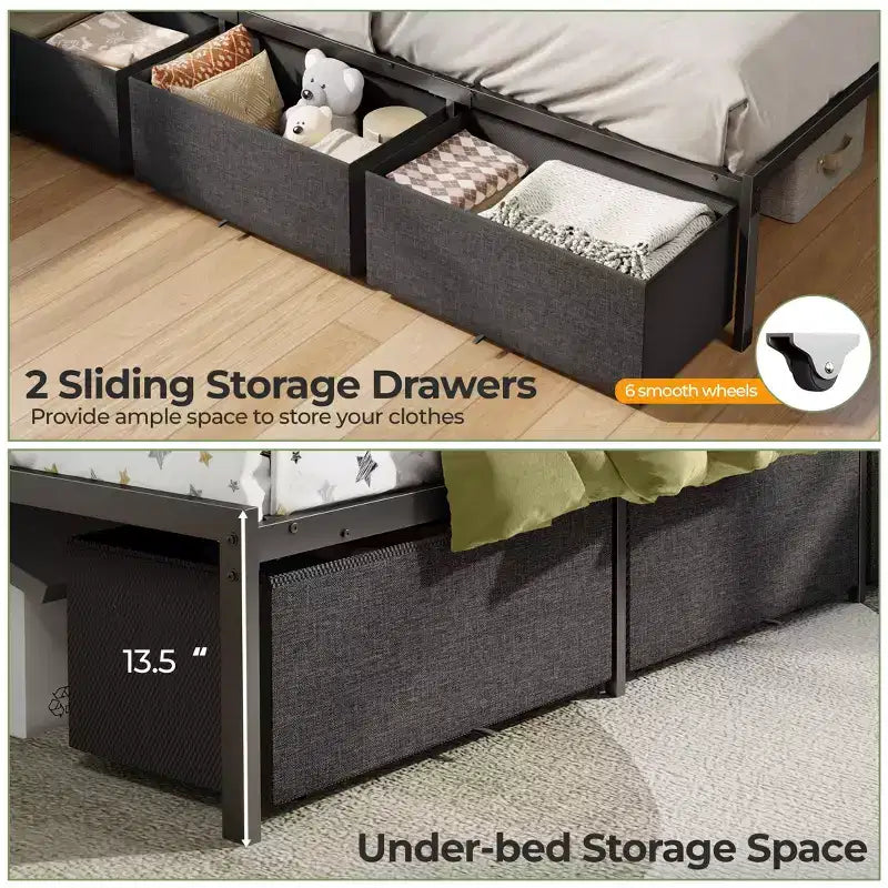 Cadre de lit d'angle grand format avec lumières LED et étagère de rangement intégrée, station de charge, canapé-lit capitonné avec 3 tiroirs, pas besoin de sommier, gris