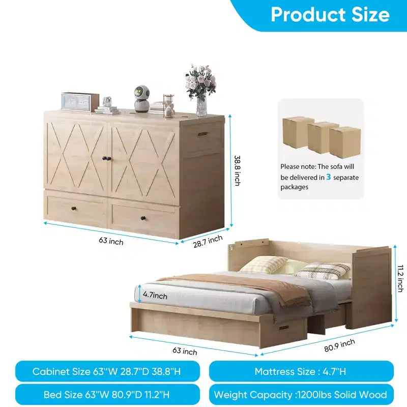 Lit escamotable Mjkone Queen Size avec station de recharge et tiroir de rangement, design peu encombrant, matelas en option