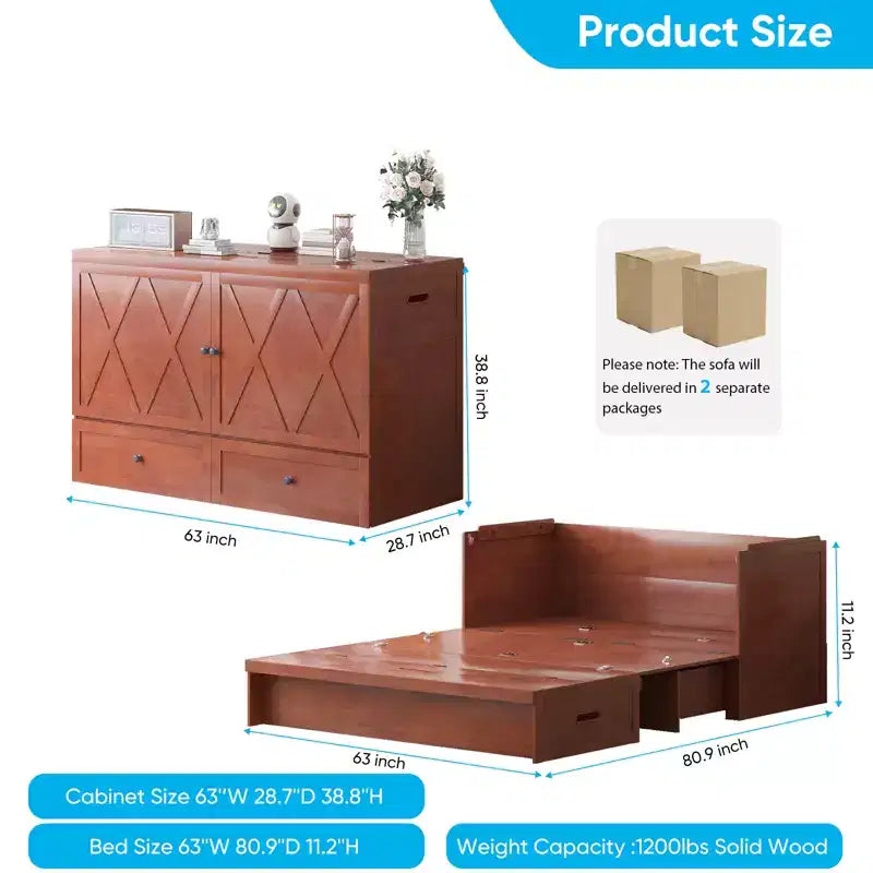 Lit escamotable Mjkone Queen Size avec station de recharge et tiroir de rangement, design peu encombrant, matelas en option