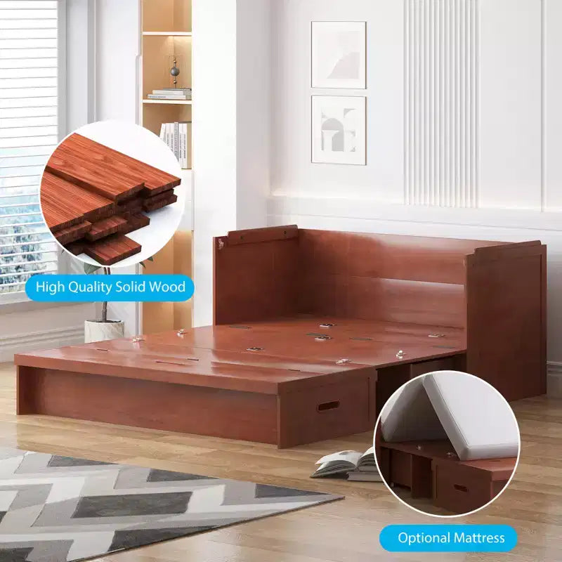 Lit escamotable Mjkone Queen Size avec station de recharge et tiroir de rangement, design peu encombrant, matelas en option