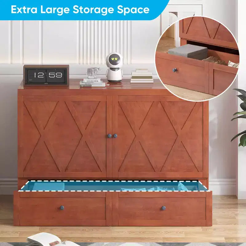 Lit escamotable Mjkone Queen Size avec station de recharge et tiroir de rangement, design peu encombrant, matelas en option