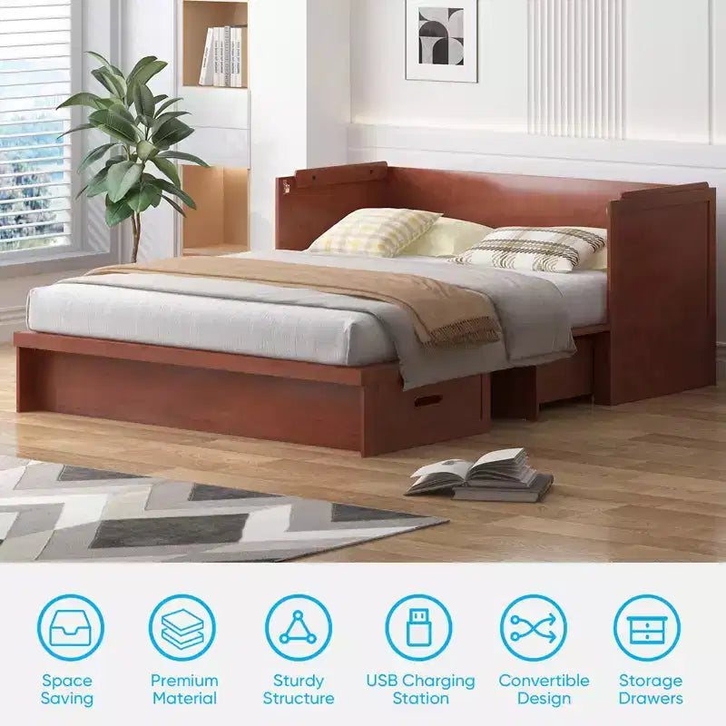 Lit escamotable Mjkone Queen Size avec station de recharge et tiroir de rangement, design peu encombrant, matelas en option