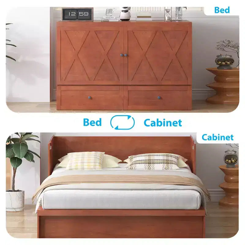 Lit escamotable Mjkone Queen Size avec station de recharge et tiroir de rangement, design peu encombrant, matelas en option