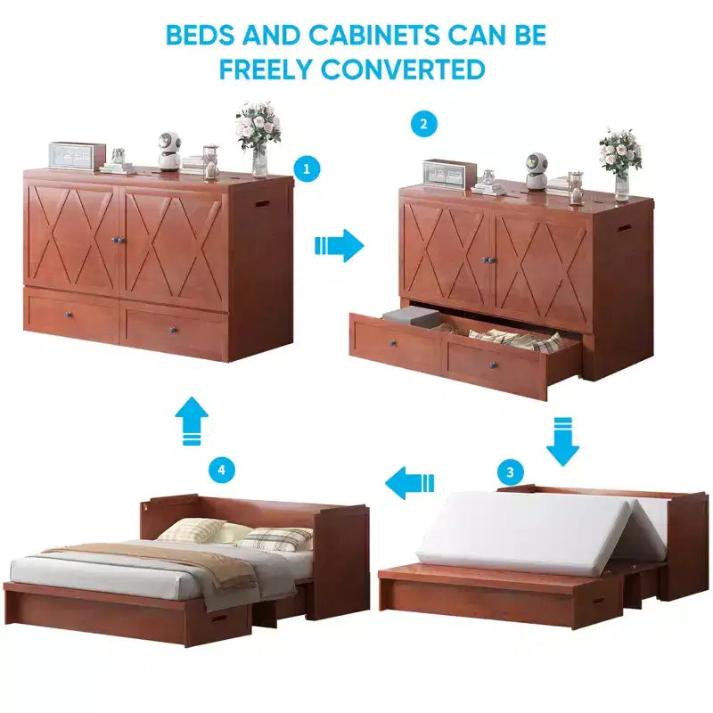 Lit escamotable Mjkone Queen Size avec station de recharge et tiroir de rangement, design peu encombrant, matelas en option