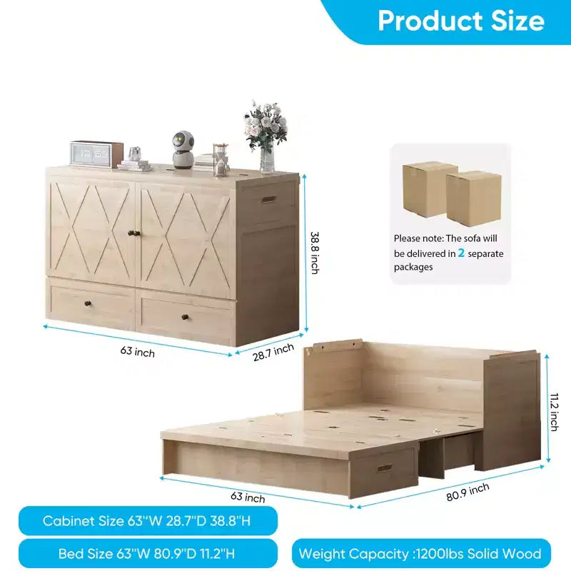 Lit escamotable Mjkone Queen Size avec station de recharge et tiroir de rangement, design peu encombrant, matelas en option