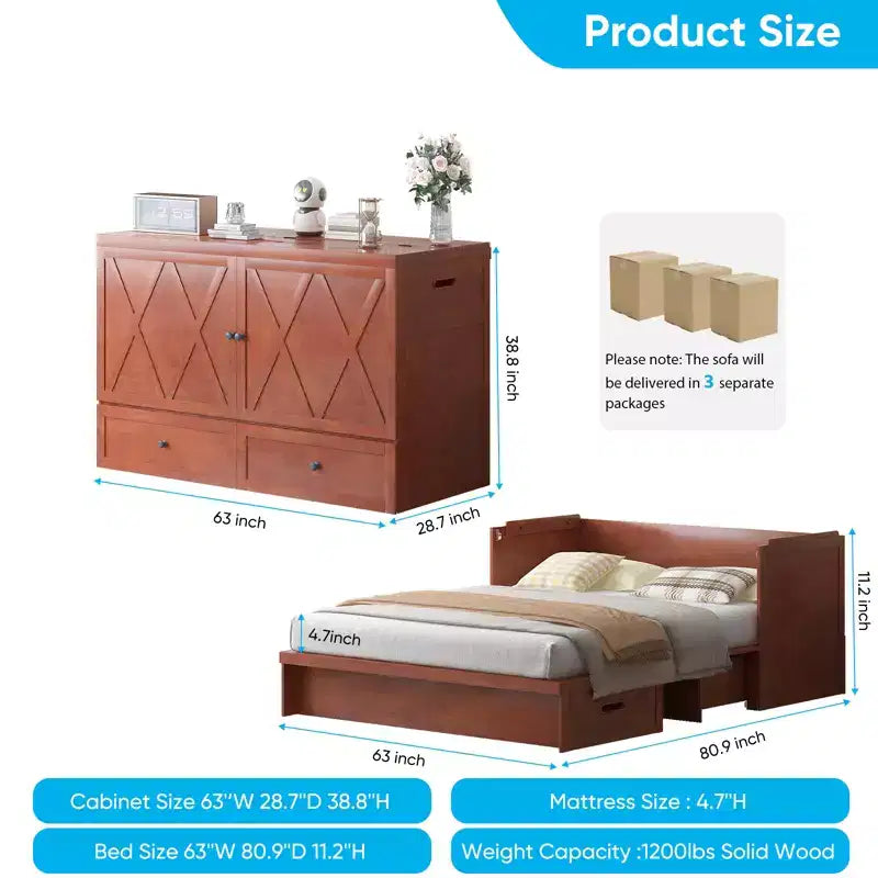 Lit escamotable Mjkone Queen Size avec station de recharge et tiroir de rangement, design peu encombrant, matelas en option